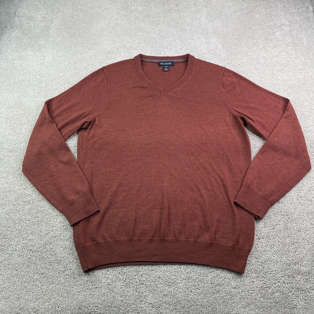 Jos A Bank Sweater Mens Large Brown Merino Wool V Neck Tailored Fit Lightweight